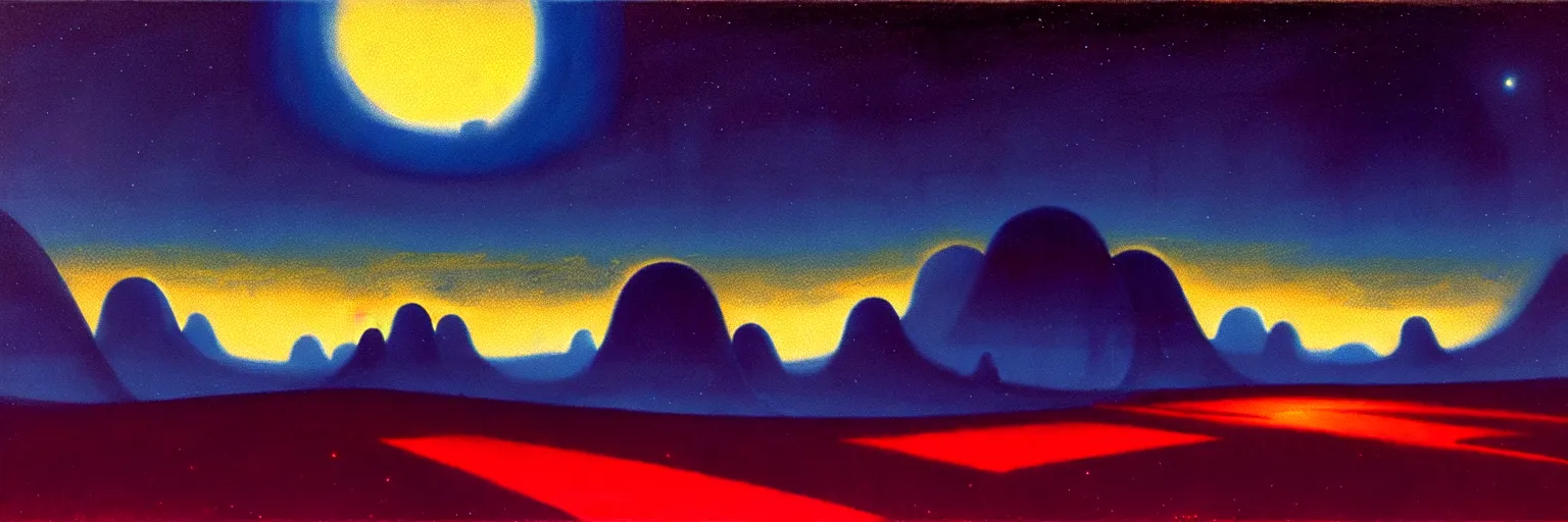 Image similar to cartoon paul lehr narrow night landscape with farawaymountains dark blue tones