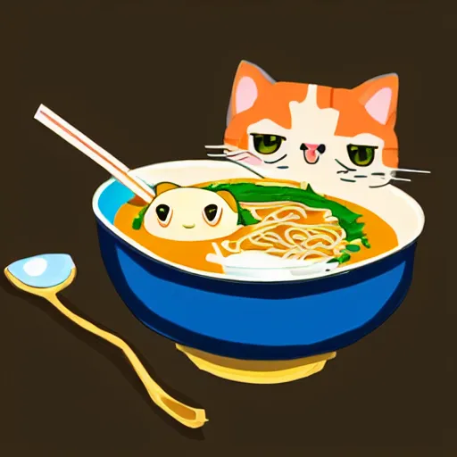 Image similar to Cute kawaii cat eating a bowl of ramen in The Legend of Zelda Breath of the Wild, toon shading, npr, portrait, no background