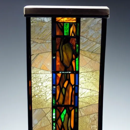 Prompt: Amber, quartzite, crystal cylinder, 38cm tall, column tapering-up, glowing, power-cell, translucent, inset metal stained glass