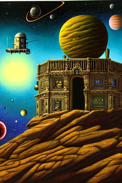 Image similar to a hyperrealistic painting of an ornate observatory resting on the cliff of an alien terrain, telescope pointing towards space galaxies and stars by chris cunningham and richard corben, highly detailed, vivid color,