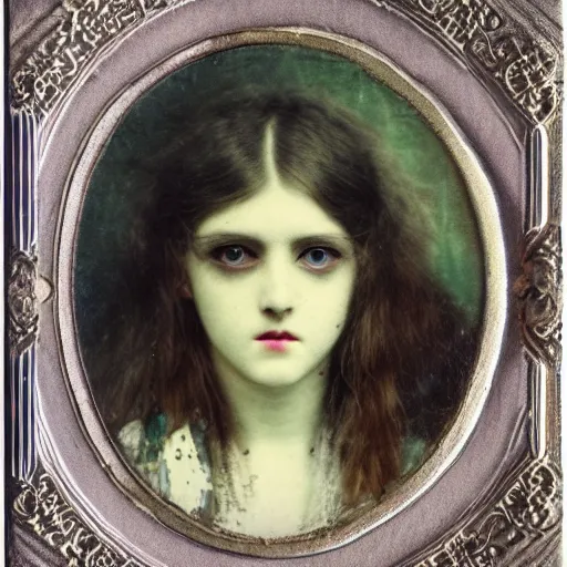 Image similar to a beautiful young lady with huge bright silver eyes, colored vintage daguerreotype, by gustave moreau, by Mackintosh, art noveau, highly detailed, strong lights, liminal, eerie, Bright pastel colors