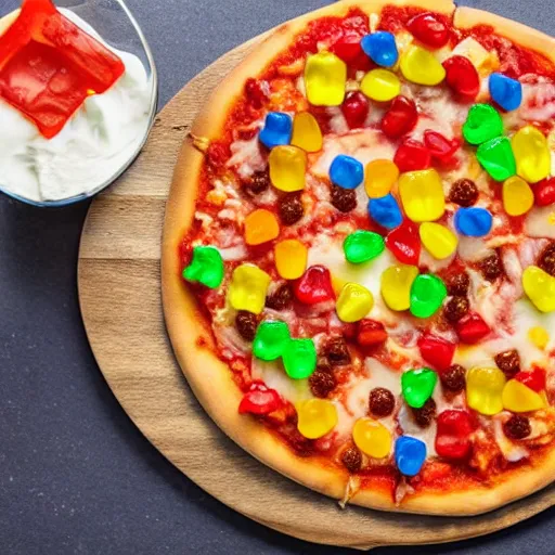 Prompt: pizza with gummy bears as a topping