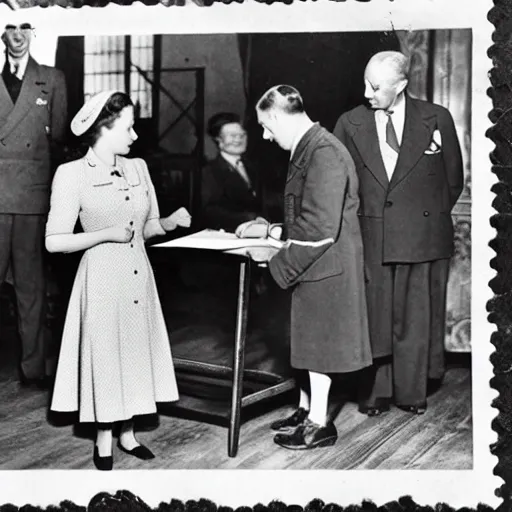 Image similar to 5 0 mm 1 9 4 6 historical photo, of a single german general and a young queen elizabeth signing a peace treaty, a cute corgi watches, french village interior, highly detailed, sharp focus, symmetrical face