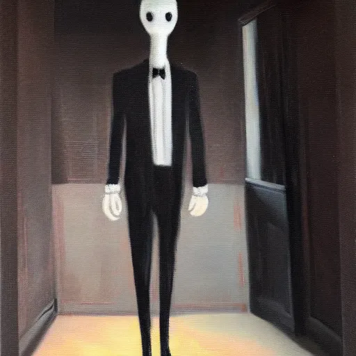 Image similar to slenderman in backroom, oil paining, dark