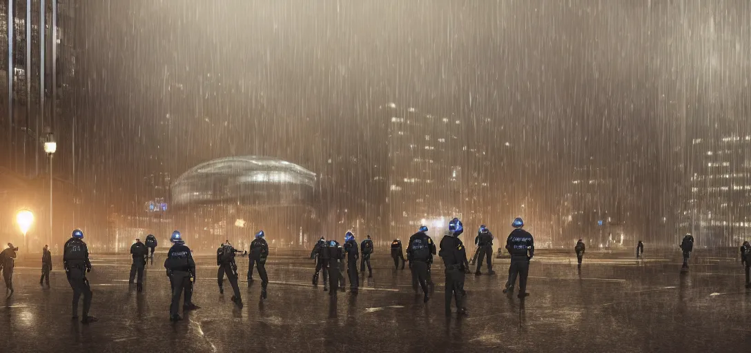 Image similar to policemen protect a huge spiral - shaped luminous object right in the center of the city from protesting crawd, night, rain and light fog, professional lighting, concept art in 3 d, high detail, professional lighting