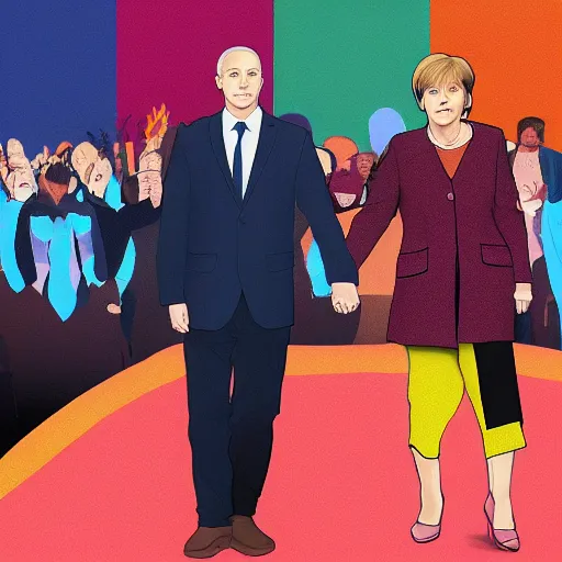 Image similar to Angela Merkel holding hands with Eminem, digital art, anime