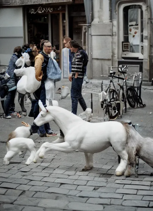 Prompt: a unicorn in paris, a cat and a piece of cabbage are crawling out of the unicorn, lsd, canon 5 d 5 0 mm lens fuji 8 0 0 film