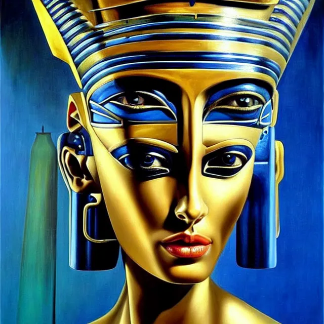 Image similar to a beautiful painting cyberpunk robot queen of egypt face, by salvador dali realistic oil painting