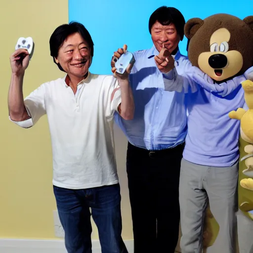 Image similar to detailed photo of Shigeru Miyamoto showing two happy bears how to play Wii