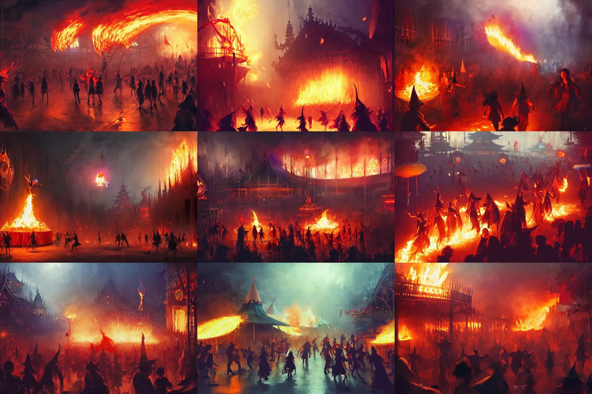 Prompt: young student witches running through small carnival amusement on fire, sorcerer dark evil wizard attack battle, inferno flames, food stalls, big top circus tent, roaming entertainers, flashing lights, highly detailed, magical, japan mountains, digital painting, concept art, matte, art by ruan jia and wlop and greg rutkowski and makoto shinkai, masterpiece