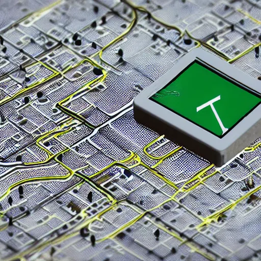 Prompt: gps navigator with electronic components as buildings