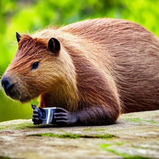 Image similar to cute capybara eating a neon nvidia gpu, chewing on a video card, cooling fans, soft blue lights, wildlife photography, bokeh, sharp focus, 3 5 mm, taken by sony a 7 r, 4 k, award winning