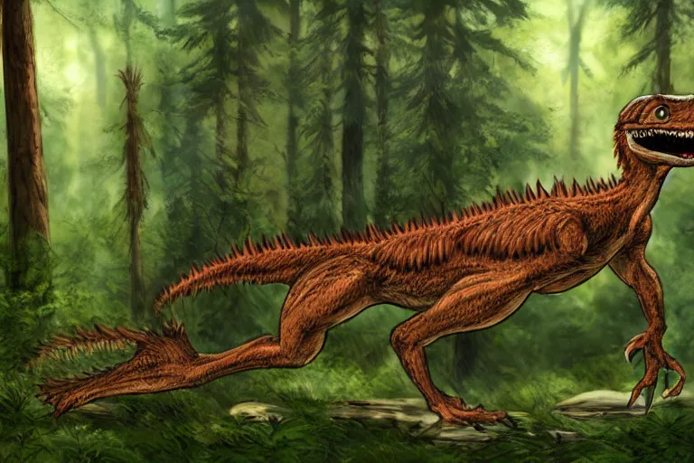 Image similar to highly detailed photograph of a oil velociraptor!!!!! in the forest, featured on pixiv