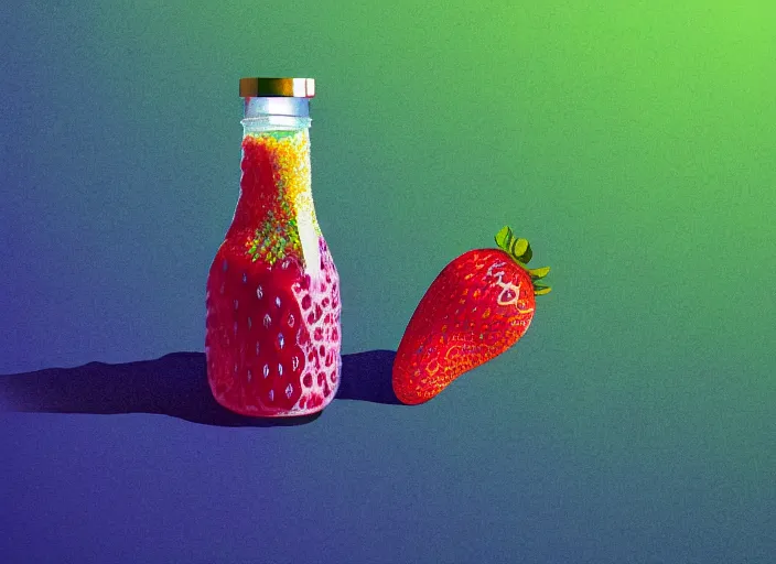 Image similar to ( ( dither ) ), editorial illustration strawberries blueberries sliced kiwi sliced lemon inside a clear drinking bottle, isometric, modern art deco, mads berg, karolis strautniekas, stippled light, fog, fine texture, dynamic composition, matte print, ( ( unreal engine ) )