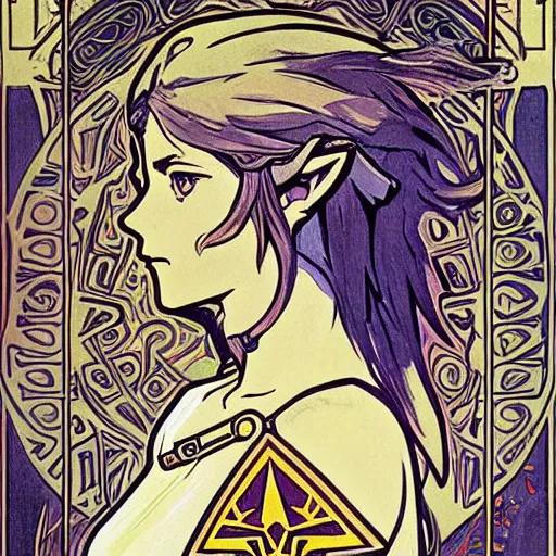 Prompt: a painting of The Legend of Zelda: Breath of the wild by mucha