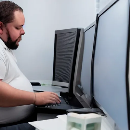 Prompt: fat man looking at his computer screen