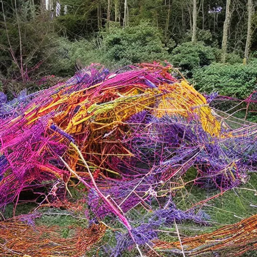 Image similar to A beautiful photograph of a space battle with wild, bright colors. by Patrick Dougherty tired