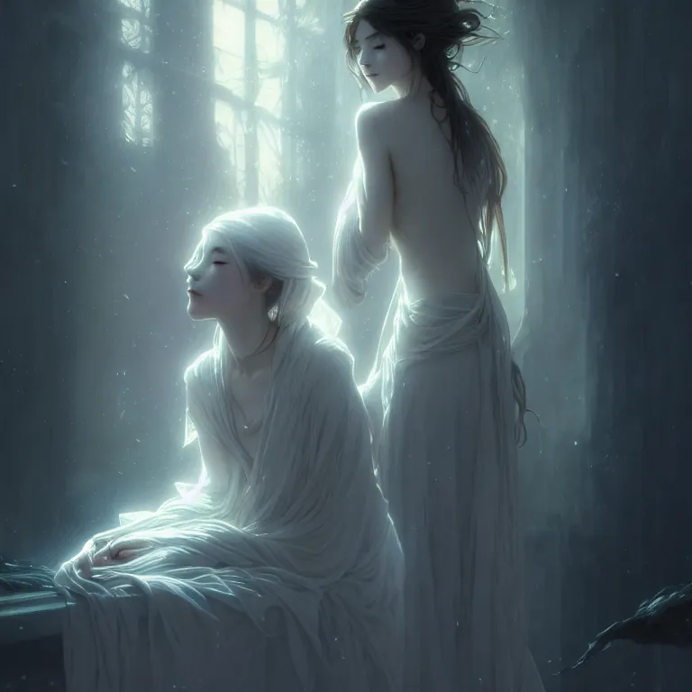 Image similar to gentle ghost, slender girl, silver skin, illustration, cinematic lighting, 8 k, d & d, frostbite 3 engine, of, artstation, intricate, digital art, twilight ray, art by tsuyoshi nagano, greg rutkowski, artgerm, alphonse mucha, radiant light, detailed and complex environment, digital art, art station trends