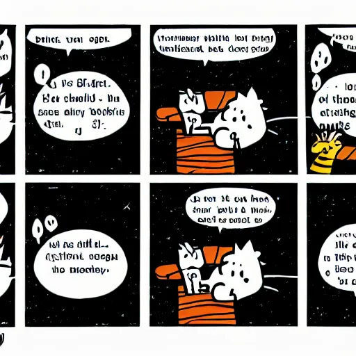 Prompt: a 4 panel comic strip about a grey cat talking to children in the style of calvin and hobbes