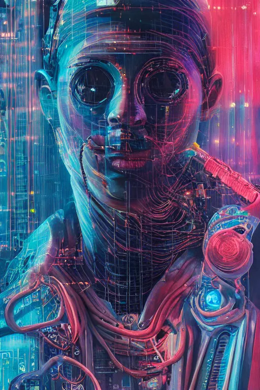 Image similar to portrait of computer & circuits, melting, nasa, 8 k, by tristan eaton, stanley artgermm, tom bagshaw, greg rutkowski, carne griffiths, ayami kojima, beksinski, giger, trending on deviantart, face enhance, hyper detailed, minimalist, cybernetic, android, blade runner, full of colour, super detailed