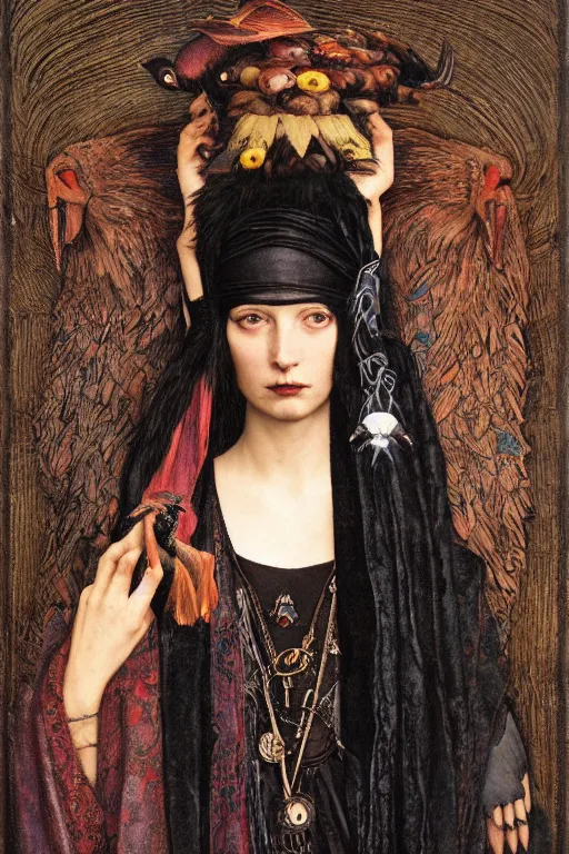 Prompt: a goth shaman with the head of a raven, by Annie Swynnerton and Nicholas Roerich and John Bauer and John William Godward and Donato Giancola and Vermeer, black leather and embroidered velvet, iridescent beetles, rich color, dramatic cinematic lighting, featured on Artstation, extremely detailed