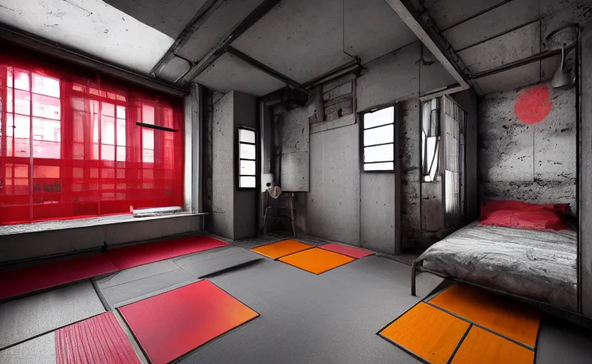 Image similar to maximalist interior of a japanese bedroom, concrete, cyberpunk, japanese neon signs, retro futuristic, old brick walls, rough wood, grey, anthracite, red, akihabara style, swedish style, window with a view of apartment blocks