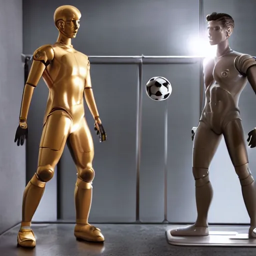 Image similar to a realistic detailed photo of a guy who is an attractive humanoid who is half robot and half humanoid, who is a male android, attractive and handsome soccer players, shiny skin, posing like a statue, blank stare, in a factory, on display, showing off his muscles, gold soccer shorts, side view, looking at each other mindlessly