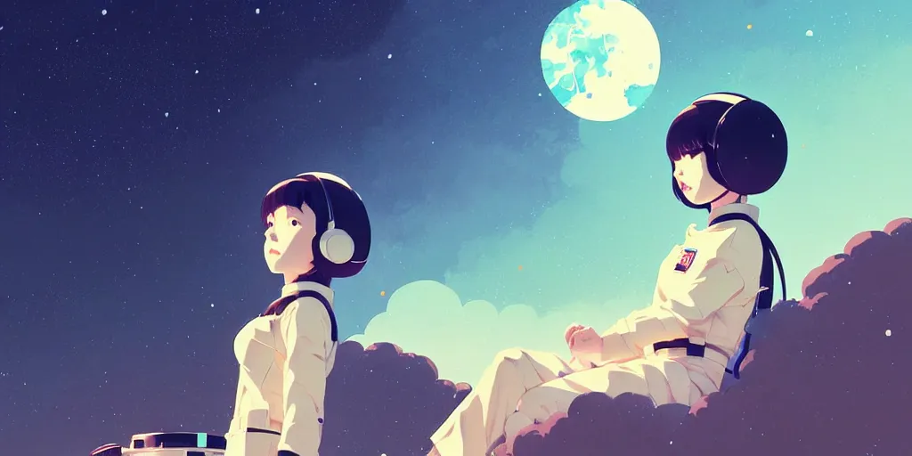 Image similar to portrait of a girl with astronaut helmets by ilya kuvshinov, cloudy sky background lush landscape ln illustration concept art anime key visual trending pixiv by victo ngai fanbox by greg rutkowski makoto shinkai takashi takeuchi studio ghibli