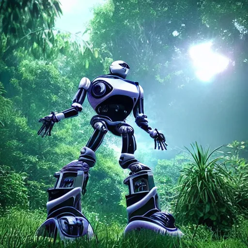 Prompt: “Organic space robot made of jungle forest, 8k resolution, Unreal Engine 5, entangled, futuristic, hyperrealism”