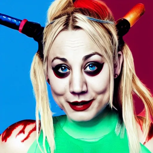 Image similar to A still of Kaley Cuoco as Harley Quinn