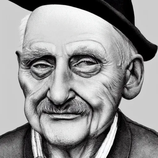 Image similar to realistic renderings of very old man portrait with a hat, astonishing scenes