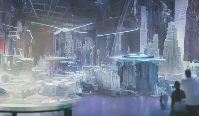 Image similar to crowd of people in simple white museum, looking at hologram of dense futuristic city on a table, cinematic concept art, godrays, golden hour, natural sunlight, 4 k, clear details, tabletop model buildings, center model buildings, hologram center, crane shot, crane shot, crane shot, white walls