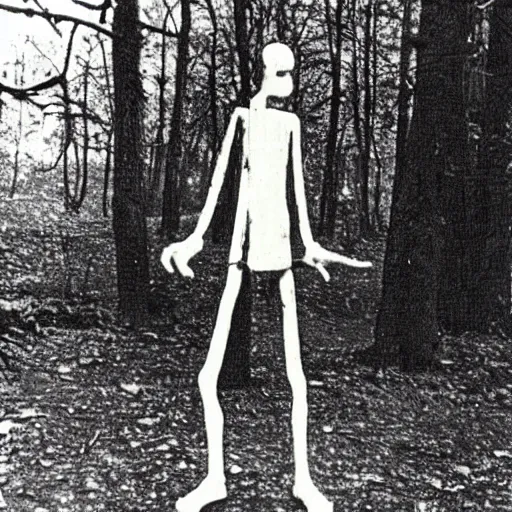 Image similar to “old photo of slender man in the woods, 1956”