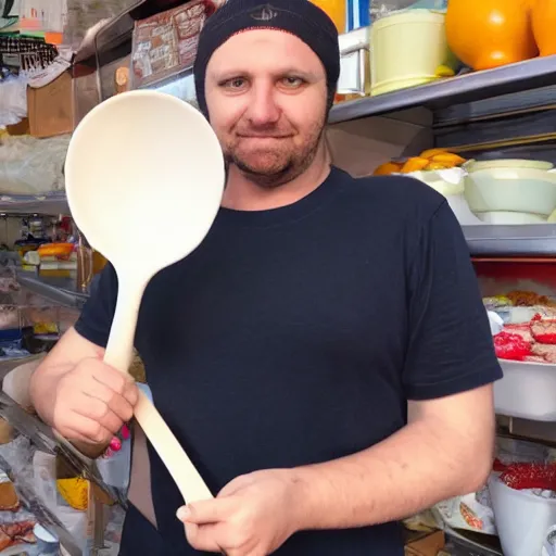 Image similar to man holding giant spoon saying only a spoonful