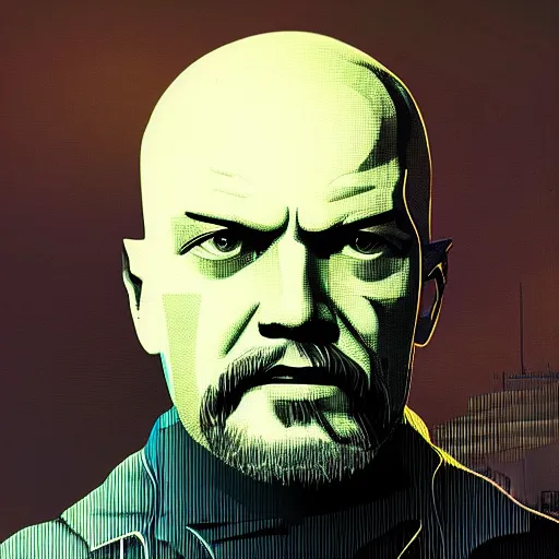 Image similar to cyberpunk vladimir lenin as the leader of a futuristic communist society, cybernetics, sharp lines, digital, artstation, colored in