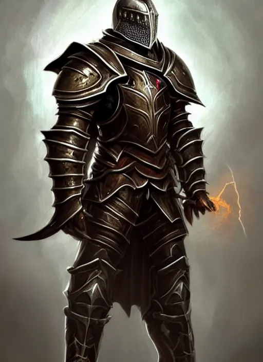 Image similar to portrait of an athletic male knight as a diablo 3 character, looking at camera, his armor is infused with lightning bolts, D&D, armor master, short hair, intricate, elegant, stylish, cute smile, fantasy, extremely detailed, digital painting, artstation, concept art, smooth, sharp focus, illustration, ambient lighting, art by artgerm and greg rutkowski and alphonse mucha and simon stalenhag