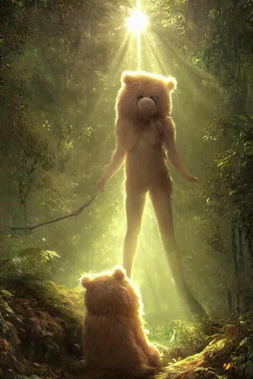 Image similar to mean fluffy teddybear protecting girl in a forest with rays of light coming through the canopy, masterpiece, dystopian, sci-fi, extremely detailed, digital painting, sculpted in zbrush, artstation, concept art, smooth, sharp focus, illustration, chiaroscuro lighting, golden ratio, incredible art, artgerm, greg rutkowski, alphonse mucha, simon stalenhag, carravaggio