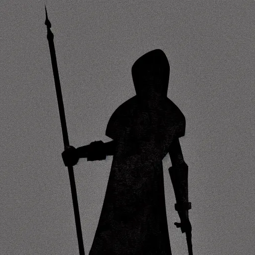 Image similar to a black figure in a grey cloak holding his black spear up to the sky, Digital art