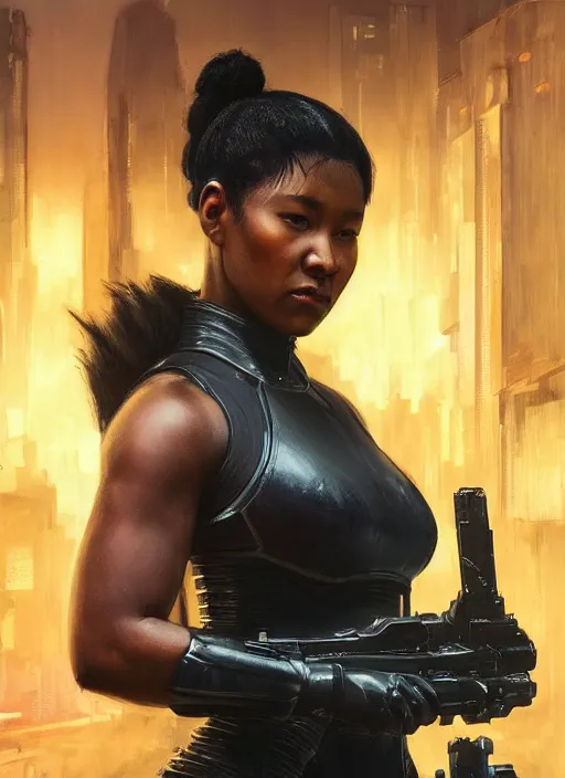 Image similar to black chun li. space buns. cyberpunk police trooper in a military vest ( blade runner 2 0 4 9, cyberpunk 2 0 7 7 ). orientalist portrait by john william waterhouse and james gurney and theodore ralli and nasreddine dinet, oil on canvas. cinematic, hyper realism, realistic proportions, dramatic lighting, high detail 4 k