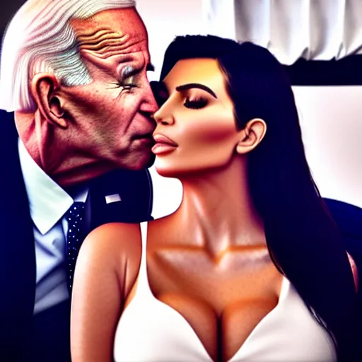 Prompt: film still of kim kardashian being kissed asleep by joe biden, 8 k