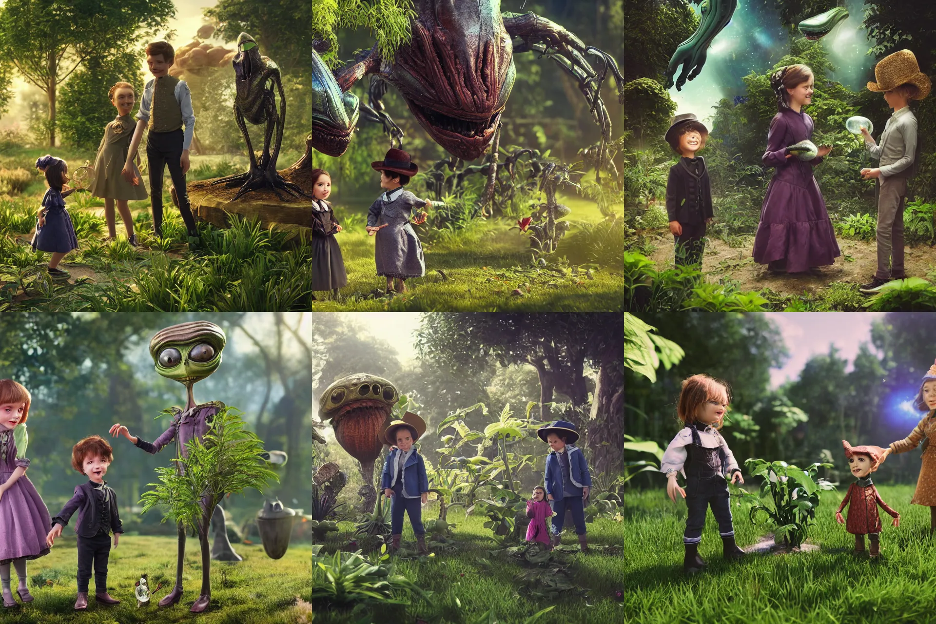 Prompt: a girl and a boy standing next to some alien plants, looking happy, wearing victorian clothes, they are playing with their small pet alien creature, in a park on a alien planet, extremely high detailed, ultra realistic facial details, ultra photorealistic raytracing, octane, 8k