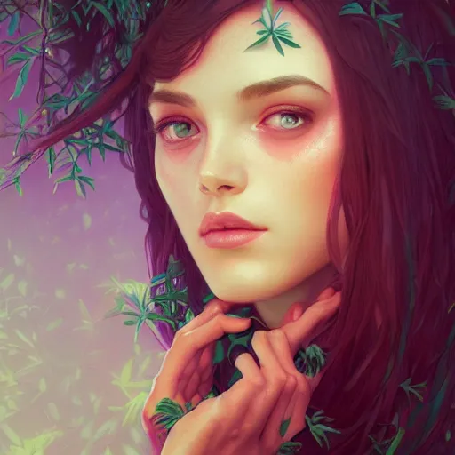 Prompt: surreal beautiful young woman, detailed gorgeous face turning into a tree, leaves, sad eyes, vaporwave aesthetic, synthwave , digital painting, artstation, concept art, smooth, sharp focus, illustration, art by artgerm and greg rutkowski and alphonse mucha