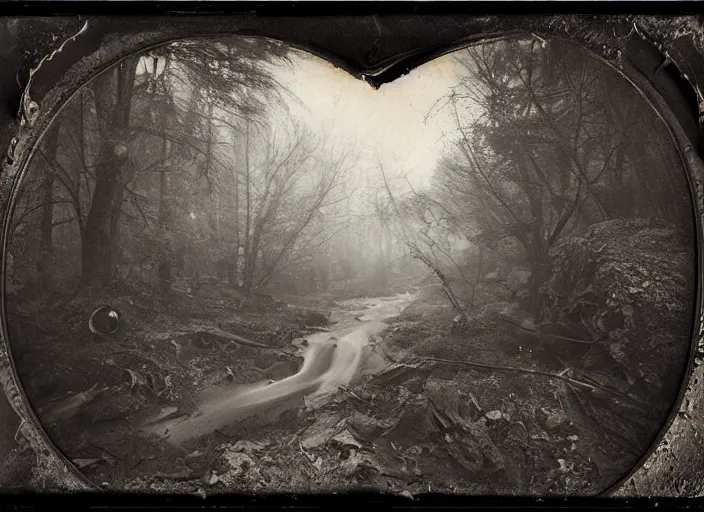 Prompt: old wetplate daguerreotype landscape with huge black sinkholes, dubbel negative exposure, explosion of data fragments, fractal, intricate, elegant, highly detailed, parallax, leica, medium format, subsurface scattering, by jheronimus bosch and greg rutkowski and louis jacques mande daguerre