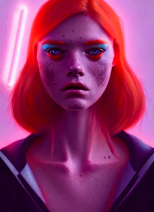 Image similar to a beautiful redhead scandinavian female humanoid with freckles, cyber neon lighting, by loish, d & d, fantasy, futurism, cyberpunk fashion clothing, elegant profile posing, accurate anatomy, hyper photorealistic, digital photography, artstation, pinterest, concept art, art by pascal blanche and greg rutkowski,