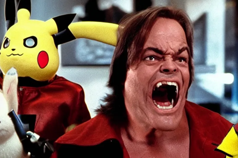 Prompt: Jack Nicholson plays Pikachu Terminator, his endoskeleton gets exposed and his eye glows red