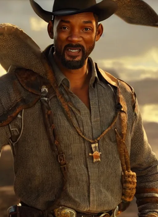 Image similar to an film still of will smith as cowboy with beard, western background, unreal engine. amazing likeness. very detailed.