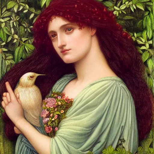 Image similar to Beautiful Pre-Raphaelite goddess of nature holding a little bird, in the style of John William Godward and Dante Gabriel Rossetti, close-up portrait, head in focus, flowers and plants, etheric, moody, intricate, mystical,