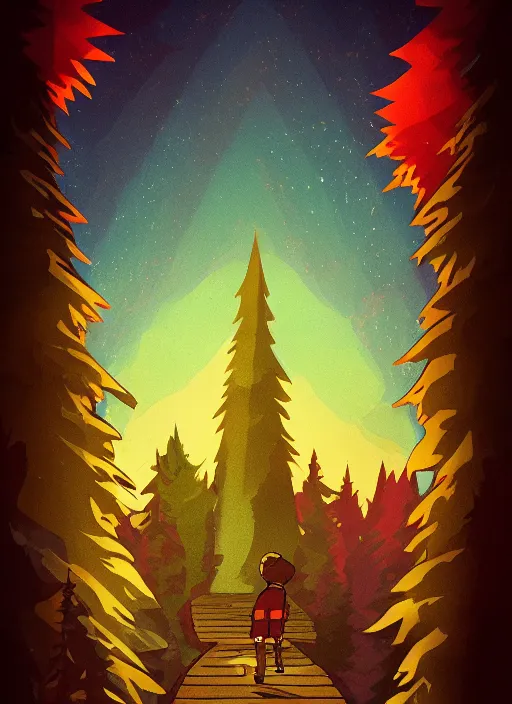 Image similar to Russian bootleg gravity falls poster, dramatic theming, mood lighting, unfortunate, hand painted cartoon art style, brutal, autumn, golden sunset, nostalgia, scenic, with text, 8k, award winning