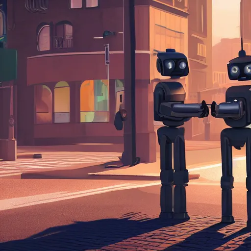 Image similar to a detailed matte painting of two robots sharing a coffee on an empty street corner, early morning, dramatic lighting, 4k, trending on artstation