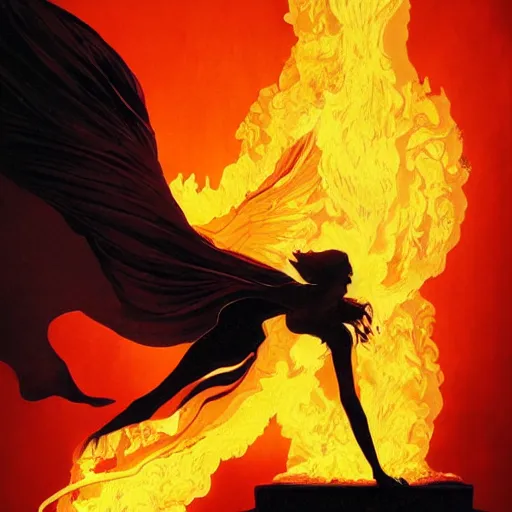 Image similar to a gargoyle in silhouette wearing a flowing gown made of fire, engulfed in a whirling fire tornado firestorm, emitting smoke and sparks, fantasy, cinematic, fine details by realistic shaded lighting poster by ilya kuvshinov katsuhiro otomo, magali villeneuve, artgerm, jeremy lipkin and michael garmash and rob rey